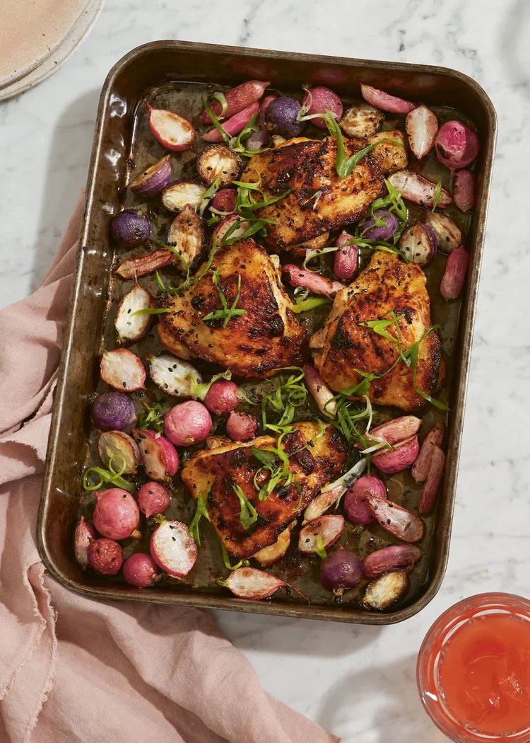 Miso-Ghee Chicken with Roasted Radishes