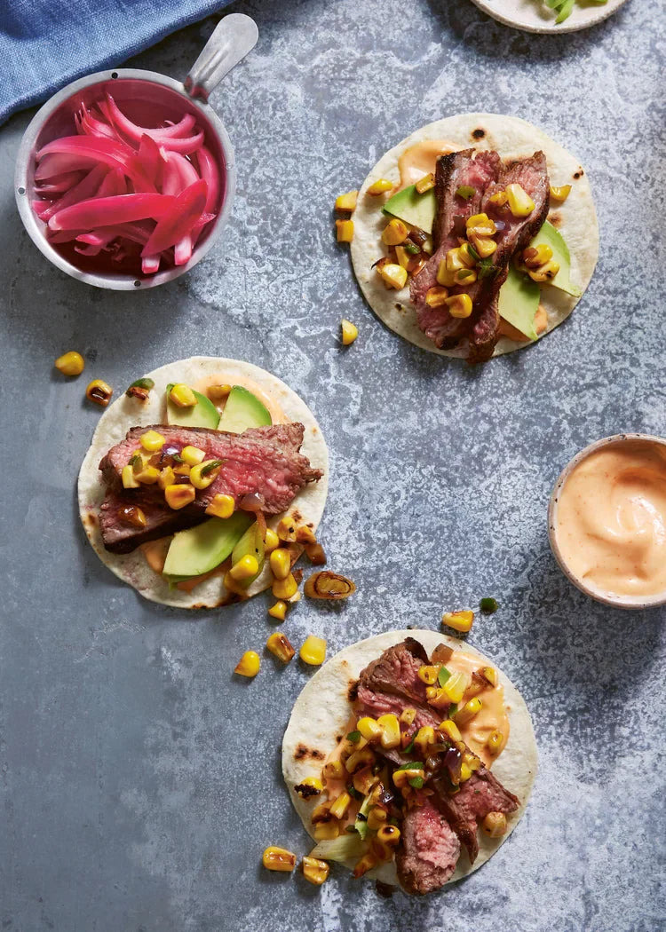 Skirt Steak Tacos with Charred Corn and Spicy Mayo
